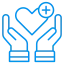 Blue neon icon of two hands cupping a heart with a plus sign